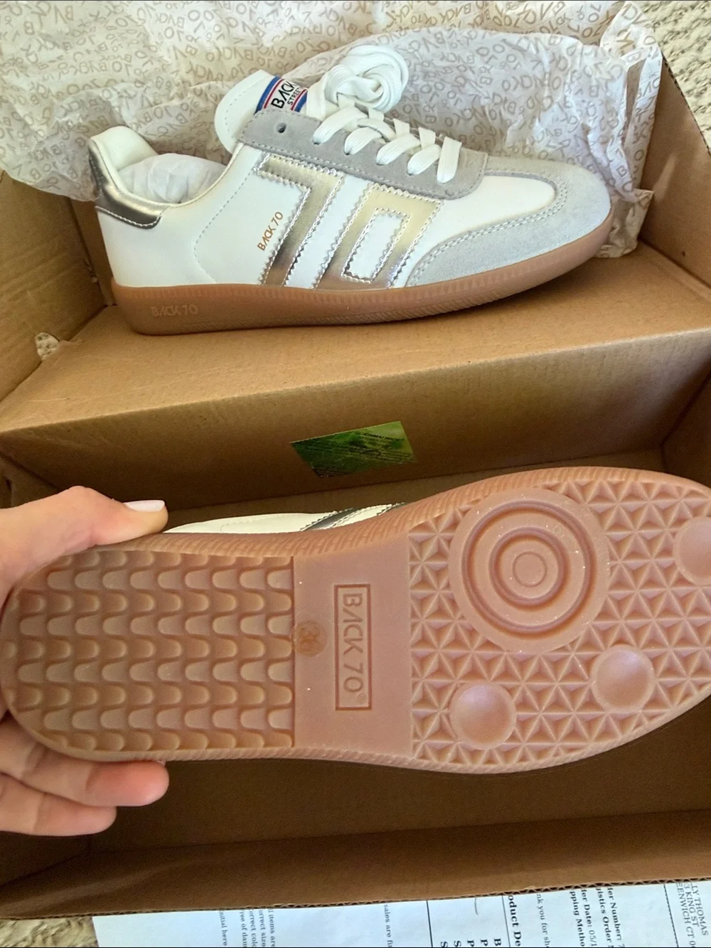 Back 70 Women’s White and Silver Low-Top Sneakers with Gum Sole - Picture 4 of 4